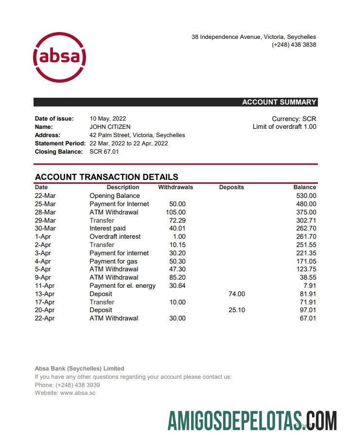 Exemplo de extrato bancário ABSA das Seychelles Xls